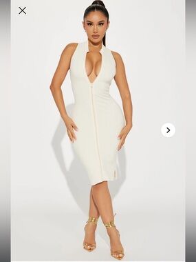 Fashion Nova Cream Sleeveless Zip-Front Midi Dress